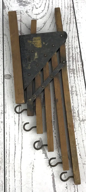 Antique Vtg Wooden Wall Hooks Collapsible Folding New York USA Farmhouse Laundry 4