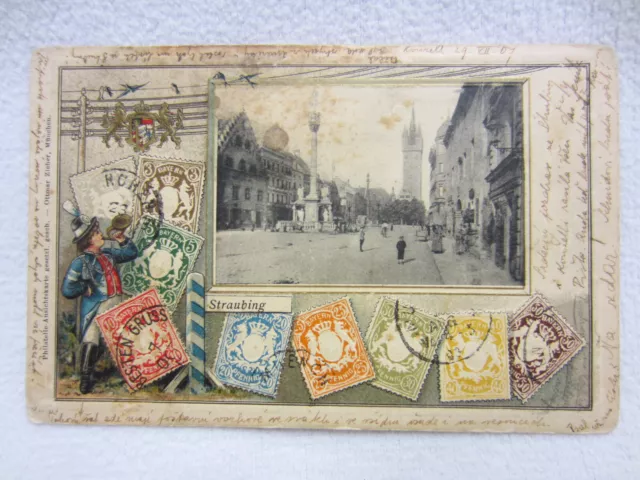 POSTKARTE - "STRAUBING" (Niederbayern) - Briefmarken-Litho von 1907 !!! TOP