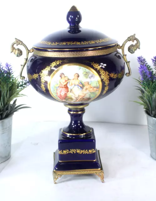 Vintage cobalt blue porcelain centerpiece vase lidded bowl victorian scene