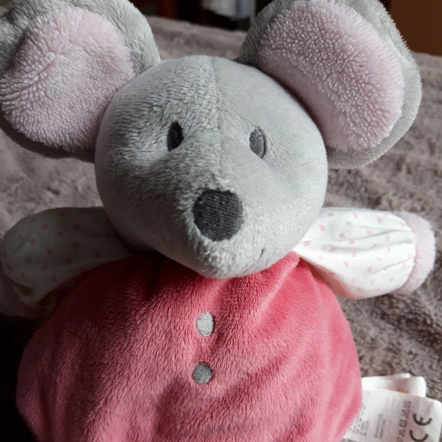 DOUDOU BOULE OBAIBI SOURIS ROSE GRIS Imprimés COEURS GRELOT TBE 2