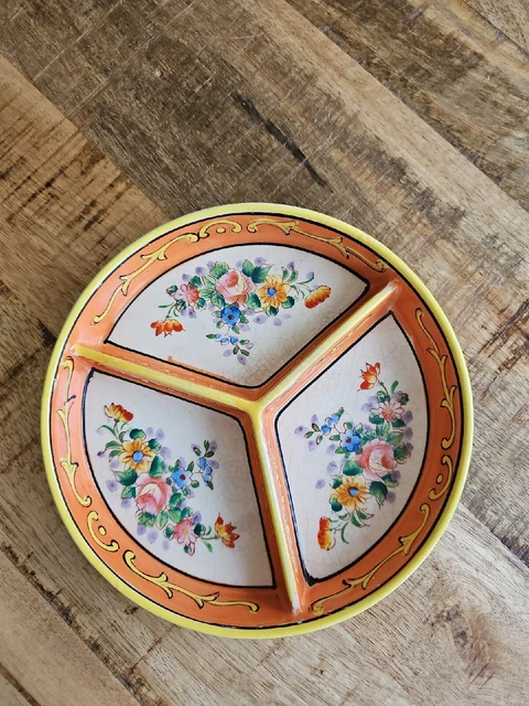 1920s Japanese Divided Dish Moriyama Mori-Machi Made in Japan Orange Floral 
