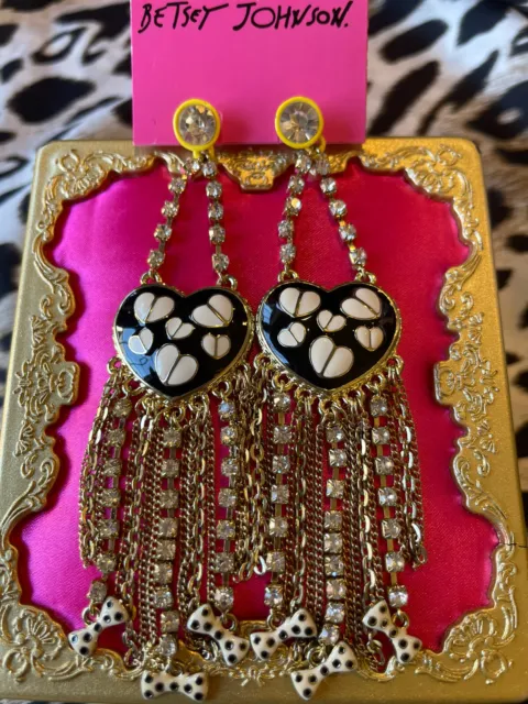 Betsey Johnson Pretty Polka Dots Black & White Gold Heart Bow Chain Earrings