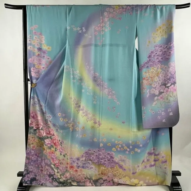 Woman Japanese Kimono Furisode Silk Silver Thread Embroidery LightBlue 170.5cm
