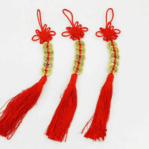 Feng Shui Lucky Red Tassel 5 x Coins Chinese Hanging Charm Health Wealth Temple