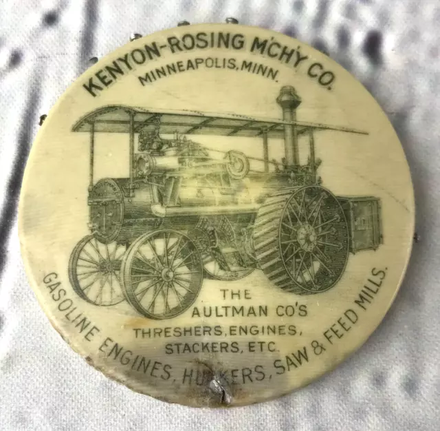 Vtg Pocket Mirror Aultman & Co Thresher Engine Stacker Agriculture Farm Tractor