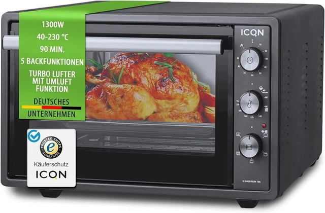 ICQN 42 Liter Minibackofen, 1300 W, Umluft, Pizza-Ofen, Doppelverglasung, Timer,