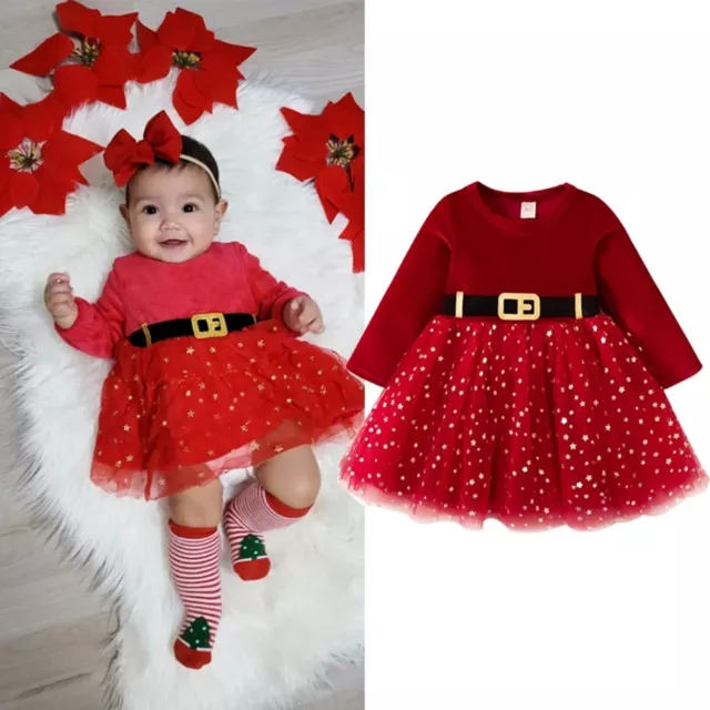 Toddler Kids Baby Girl Christmas Outfit Long Sleeve Xmas Party Tulle Dress Set