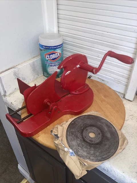 Vintage 1940’s G.J.2 Cast Iron Hand Crank Meat Slicer, MCM, Retro Kitchen, Red