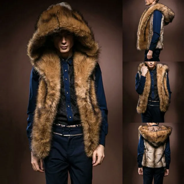 MENS WINTER WARM Faux Fur Vest Hooded Jacket Waistcoat Sleeveless Slim ...