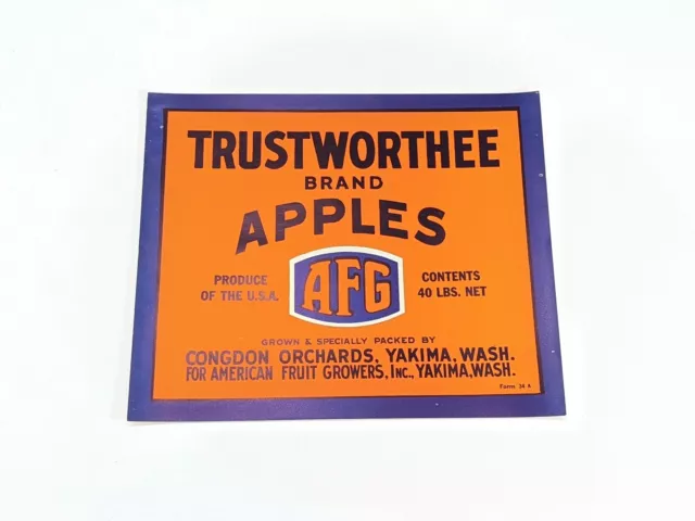 TRUSTWORTHEE Brand, Wenatchee Washington AFG *AN ORIGINAL APPLE CRATE LABEL* 257