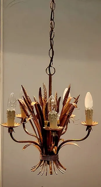 HANS KÖGL Vintage Kronleuchter Deckenlampe Weizen Ähren Gold Regency 60s 5Armig 2
