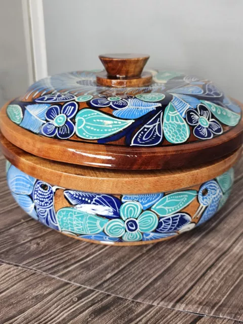 Handcrafted Wood Hand painted Blue decorative Lacquered mesquite bowl with Lid
