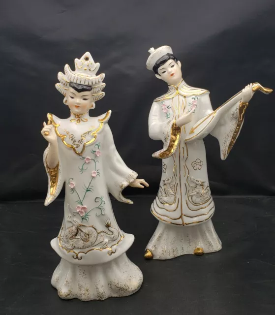 Lefton Geisha Musician Couple Hand Painted Gold Dragons Porcelain Figurines MCM