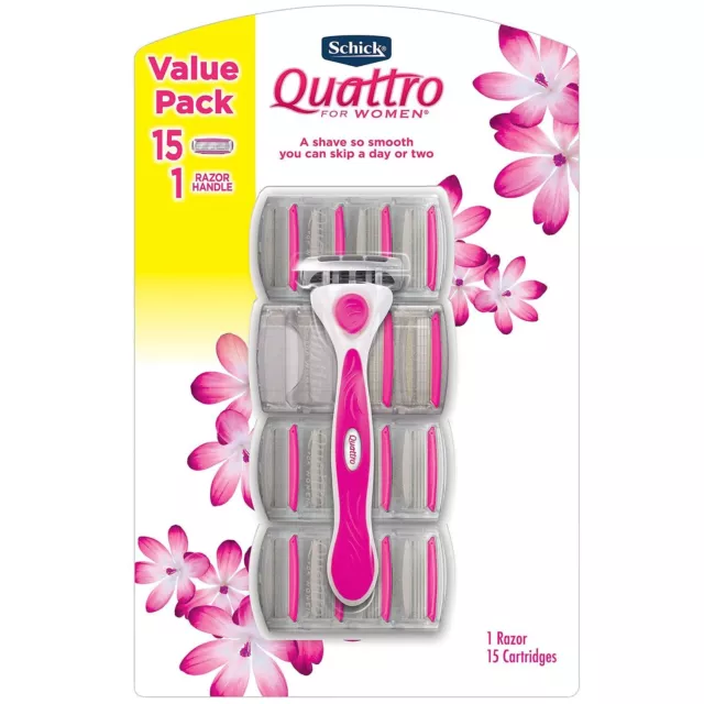 Schick Quattro para mujer - 1 navaja + 15 cartuchos de recarga de hoja de afeitar nuevos en caja