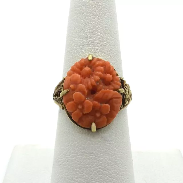 Victorian 14k Gold Natural Carved Red Sea Coral Daisy Flower Ring sz7