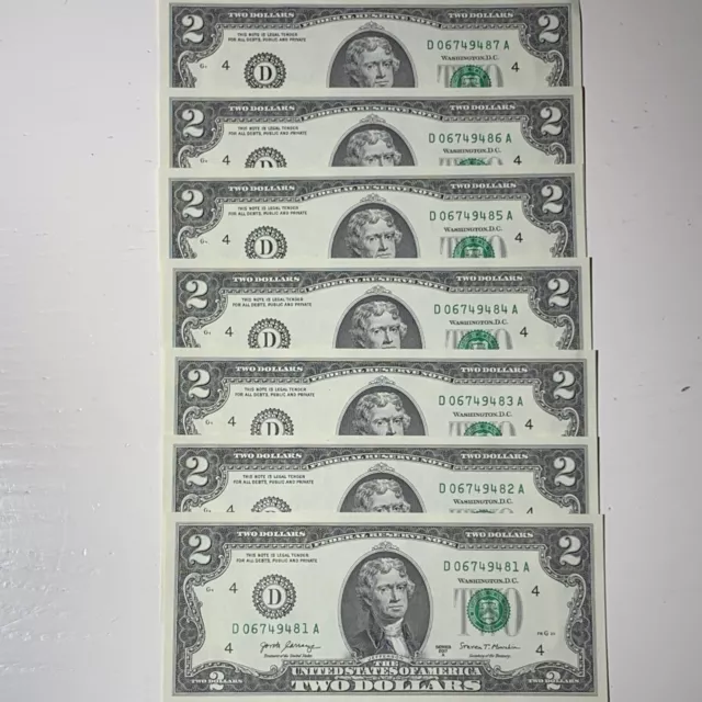 Lot of 7 Lucky NEW Uncirculated Two Dollar Bills Crisp $2 Sequential Note 2017
