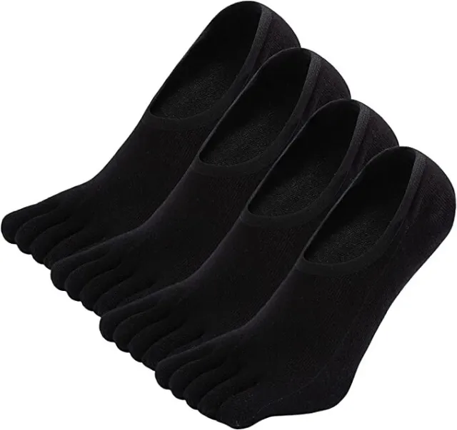 4 Pairs of Cotton Five Finger Toe Socks BLACK Low Cut Ankle Crew Sport No Show