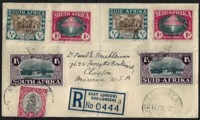 SOUTH AFRICA US 1939 REGISTERED FDC SET Sc B9 B11 EAST LONDON TO CLAYTON MISSOU