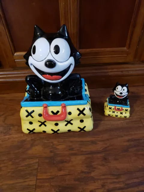 Felix the Cat Magic Bag Felix Clay Art 1999 Ceramic Cookie Jar  &salt shaker set