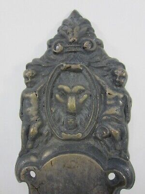 Vintage Brass Lion Head & Cherub Fancy Large Door Backplate 2