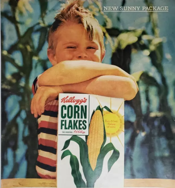 Sunny Package Kelloggs Corn Flakes Vintage 1956 Ad Magazine Print Corn Field Boy