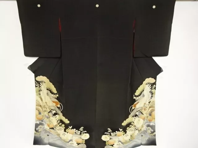 80256# Japanese Kimono / Antique Tomesode / Embroidery / Crane & Kiku
