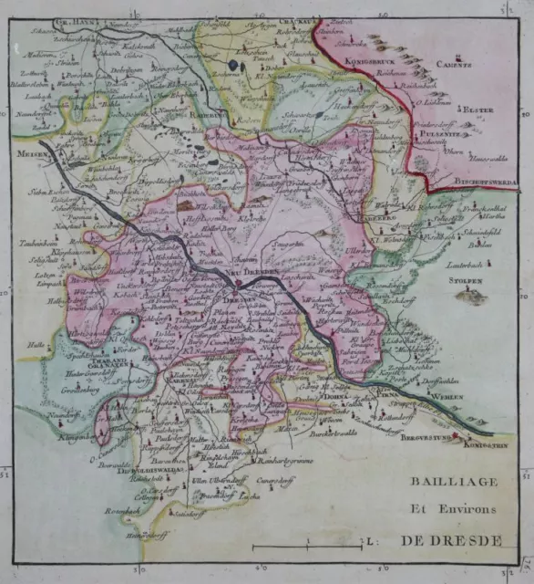 Bailliage Environs Dresden - kol. Kupferstich-Karte Le Rouge Atlas portatif 1759