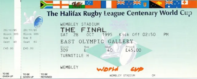 RUGBY LEAGUE TICKET - WORLD CUP FINAL 1995 England v Australia @ Wembley UNUSED