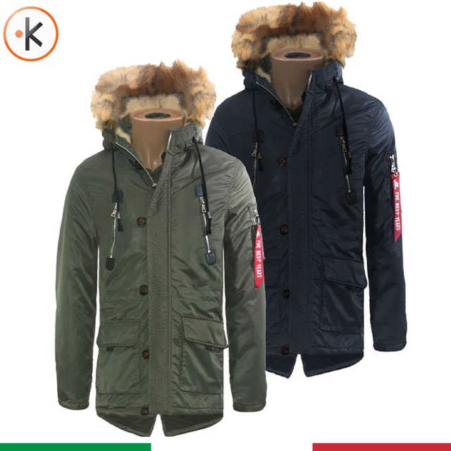 Parka Uomo Invernale Giubbotto Canadian Pelliccia Cappuccio Blu Verde