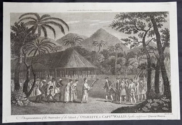 1784 Anderson Antique Print Capt Wallis & Queen Purea surrender, Tahiti in 1767