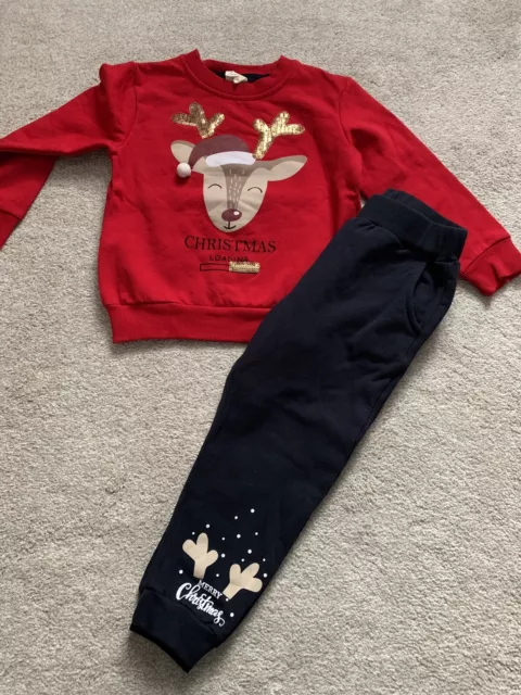 Girls Christmas Sweatshirt & Joggers Set Tracksuit Sequin Reindeer Age 2-3 Years