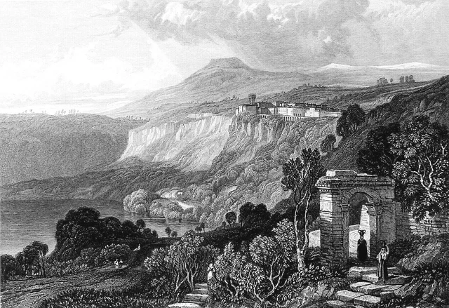 ITALIE (ITALY): Vue du LAC de NEMI près de ROME au 19eme siècle - Gravure du 19e