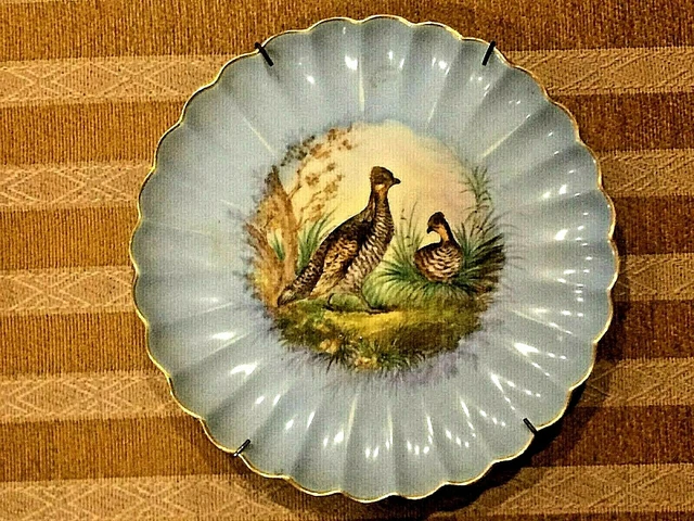Beautiful Antique Hand Painted Birds Blue Plaque Plate Marked Veritas Vincit