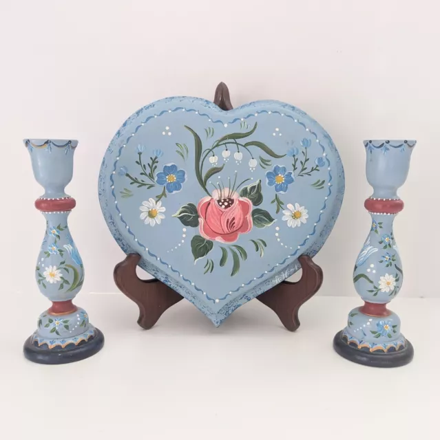 Vintage Hand Painted Blue Tole Folk Art Wood Heart Plaque and 2 Candle Holders