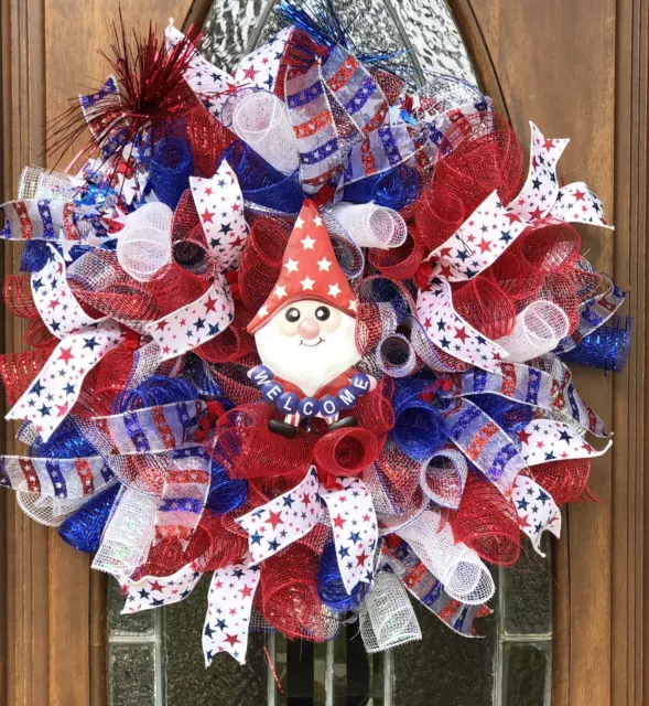 Welcome Gnome Patriotic Wreath, Independence Day Wreath,  Best Seller, July 4th