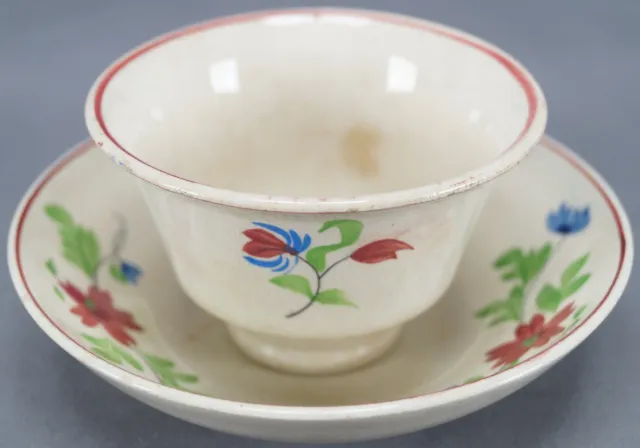 Hand Painted Large Red & Blue Floral Pearlware Tea Cup & Saucer Circa 1830 - 40s