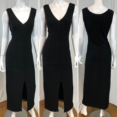 Vintage Scott McClintock 12 P Black Glitter Stretchy Slit 80s 90s Maxi Dress M L