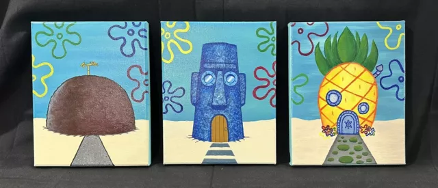 Original SpongeBob acrylic paintings on wrapped canvas 8x10. Sold As A Set.