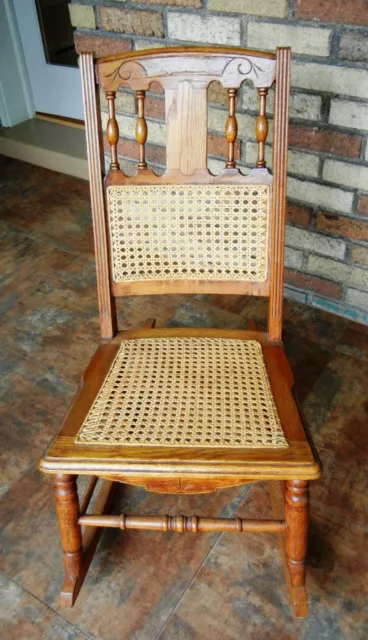 ANTIQUE GOLDEN OAK, HAND-CARVED, CANED NURSING/SEWING ROCKER Orig owner