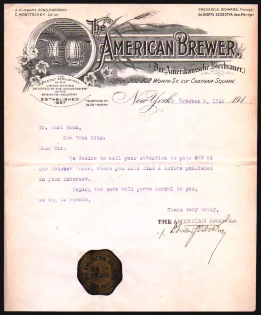 1916 American Brewer - Der Amerikanische Bierbrauer - New York Letter Head Bill