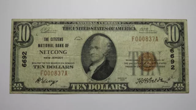 $10 1929 Netcong New Jersey NJ National Currency Bank Note Bill Ch. #6692 VF