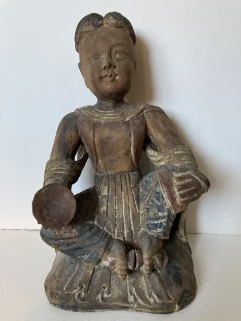 “Cymbal Player” Antique Chinese Buddha Wood Sculpture Tibet Sakyamuni 19th. C