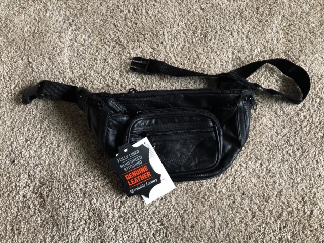 Unisex Leather Black Fanny Pack Waist Bag with Adjustable Strap 6 Pockets