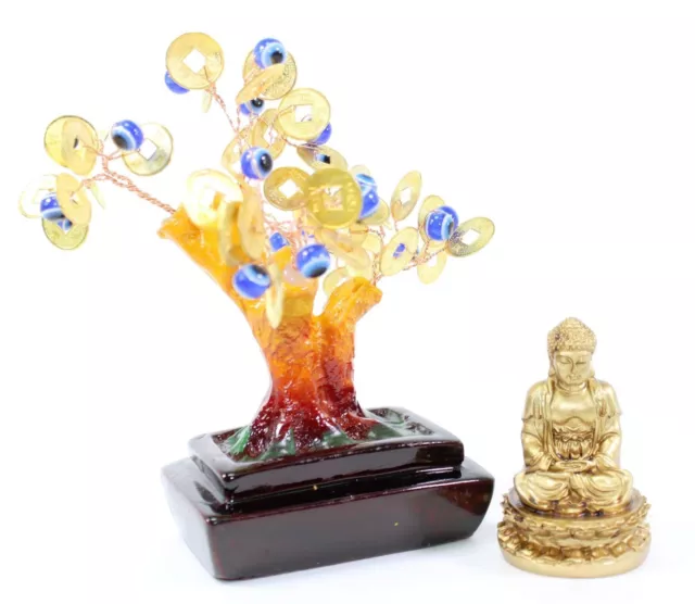 Set of 2~Feng shui Gold Buddha Blue Evil Eye Money Tree Lucky Home Decor Gift