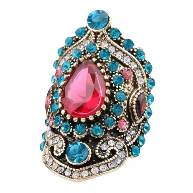 Bague Vintage Plaquée Or Avec Cristal Rose Et Diamant Bleu - Pour Femme - Neuf Avec Étiquettes