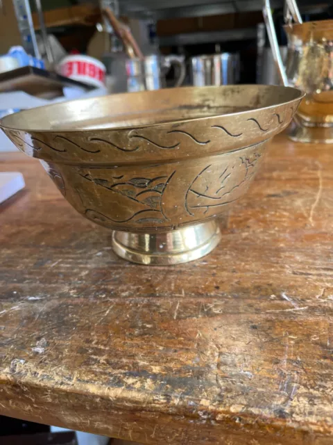 Heavy Brass Oriental Inscribed Bowl with Base Stamp 7.5” diameter at rim