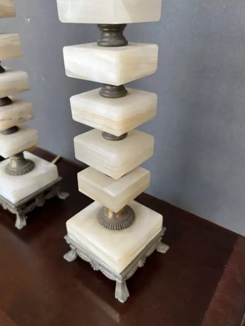 Vintage MidCentury Modern Hollywood Regency Lamp Pair Alabaster Tiered Works 3