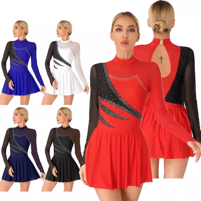Womens Glittery Color Block Long Sleeve Leotard Dress Figure Skating Dance Dress