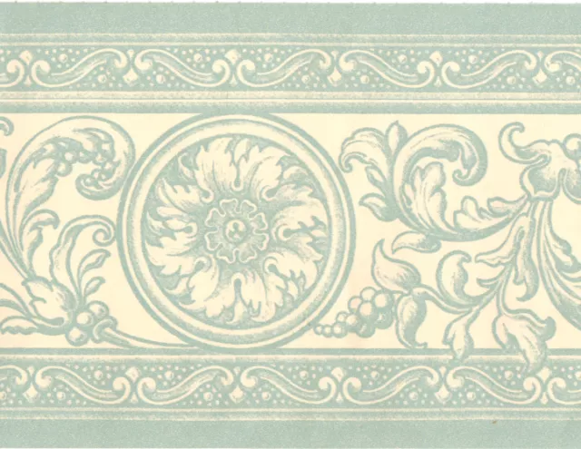 Victorian Damask Blue Cream Scroll Acanthus Leaf Medallion Wall paper Border