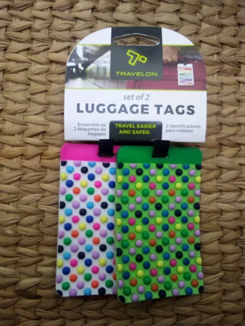 NEW Travelon Set of 2 Luggage Tags Silicone Green & Pink Multicolor Dots B256